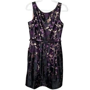 Eliza J Dress Womens 10 Black Gold Purple Print Belted Jacquard Fit and Flare
